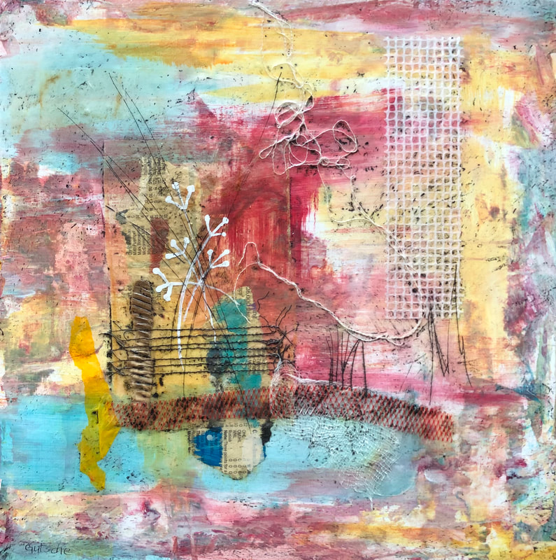 Mixed media abstract painting by Catherine Gutsche. SOLD "Scenes By The Roadside" (2018), 12x12, mixed media on birch panel