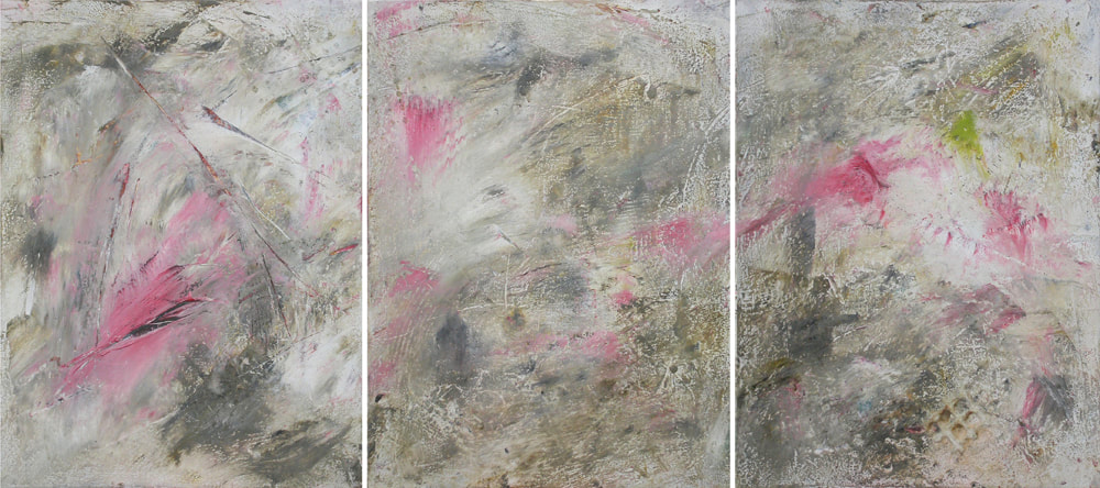 Abstracted weather painting by Catherine Gutsche. SOLD "Taking Shelter" (2018), Triptych - each panel 11x9, Oil, wax, mixed media on birch panel