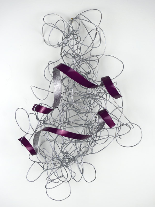 Abstract sculpture by Catherine Gutsche. "Do-si-do" (2023), 17x12, galvanized wire and anodized aluminum
