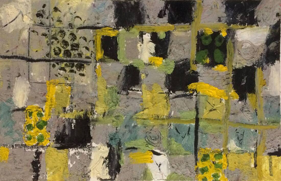 Small abstract by Catherine Gutsche. SOLD "Garden Wall" (2017), 9x6.5, oil & wax on paper on birch panel