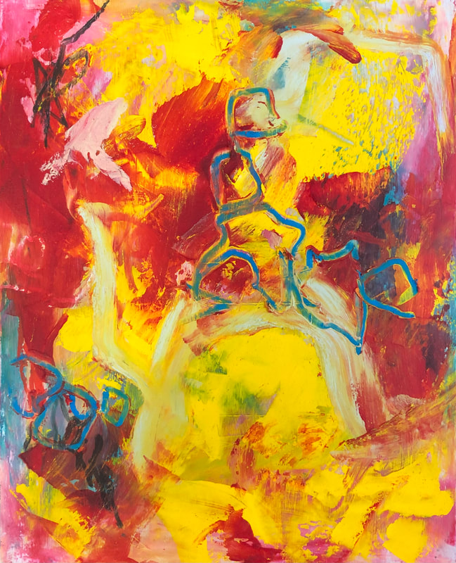 Joyous yellow abstract painting by Catherine Gutsche. "Morning Yoga" (2019), oil & wax on birch panel, 8x10 (framed)