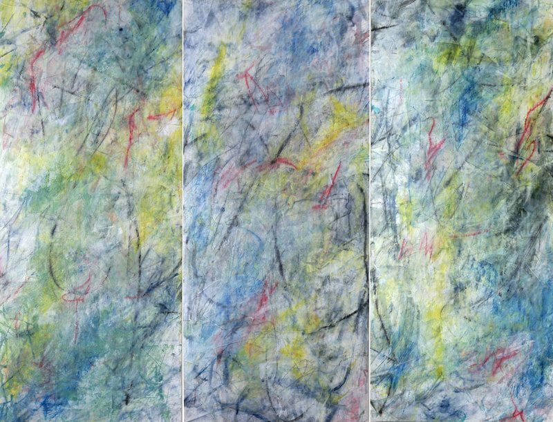 Abstract painting by Catherine Gutcshe, "Terra Incognita" (2023), 25x33 (triptych 11"w each), acrylic on paper on birch panel