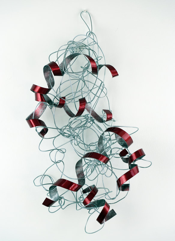 Wire sculpture by Catherine Gutsche. "Step-Kick-Hold-Kick" (2023), 17x9, galvanized wire and anodized aluminum