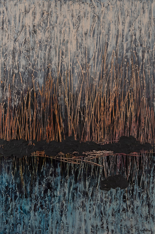 Mixed media painting by Catherine Gutsche. SOLD "Evening Falls Over the Swamp" (2016), 36x24, mixed media on birch panel