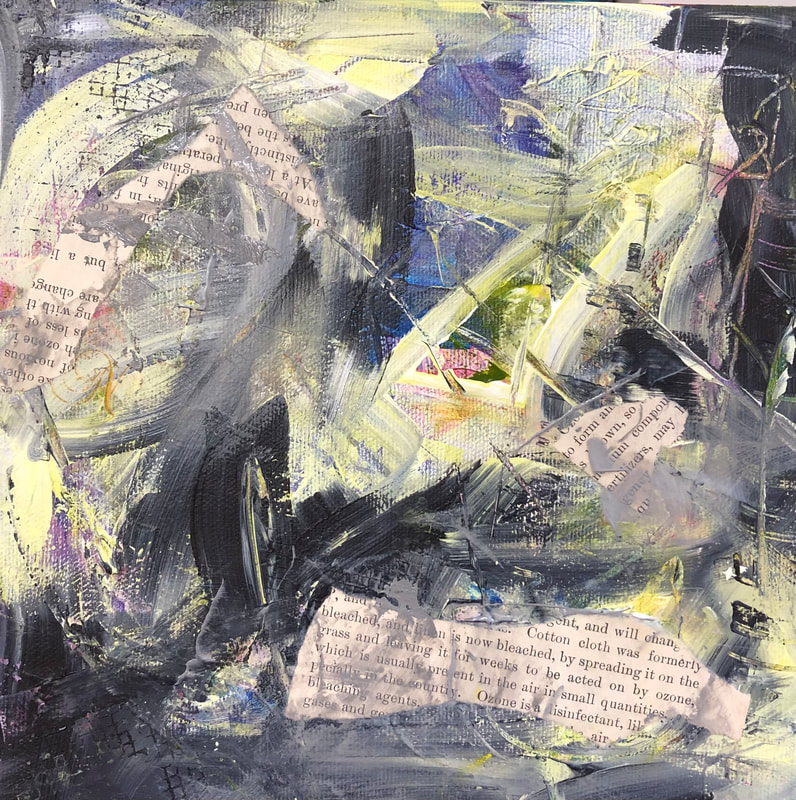 Collage painting by Catherine Gutsche. NEWS BLUES series (2022)
8x8, acrylic on paper on gallery depth birch panel.