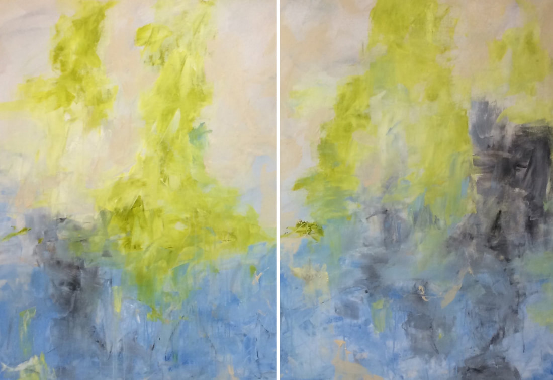 Contemporary art by Catherine Gutsche. "Island Pines" (2020), 40x28 each (diptych), acrylic on canvas (to be stretched on demand)
