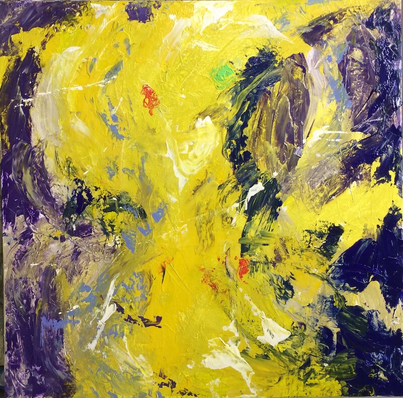 Action painting by Catherine Gutsche. "The Jester Comes Out to Play", (2020), 24x24, acrylic on canvas 