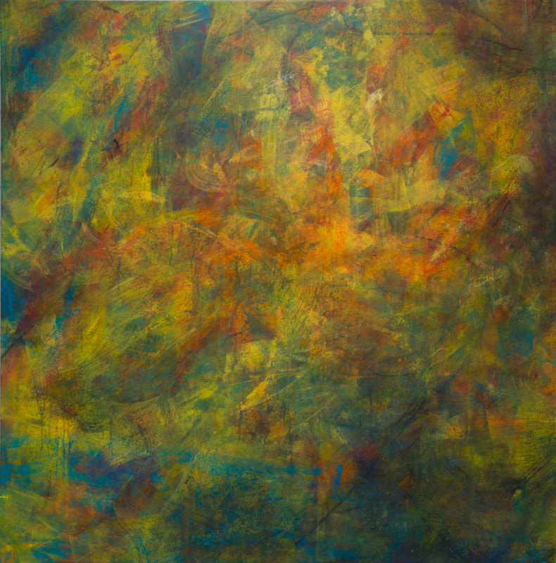 Abstract painting by Catherine Gutsche. SOLD "Spring Flurry" (2019), 44x44.5, acrylic and mixed media on canvas